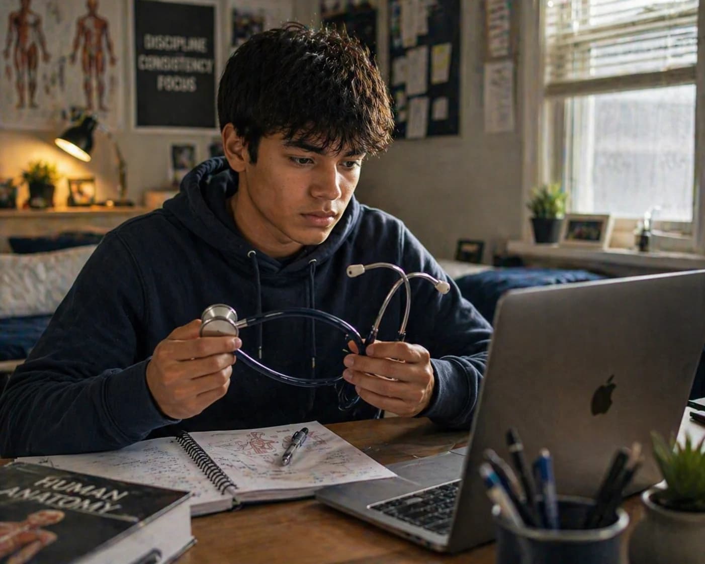 Trailhead student studying anatomy with a stethoscope at his desk